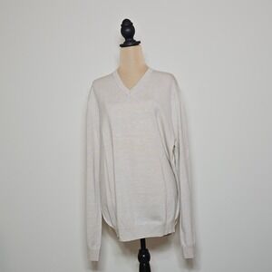 Joseph‎ Abboud Mens XL Extra Fine Merino Wool V Neck Sweater Beige Long Sleeve